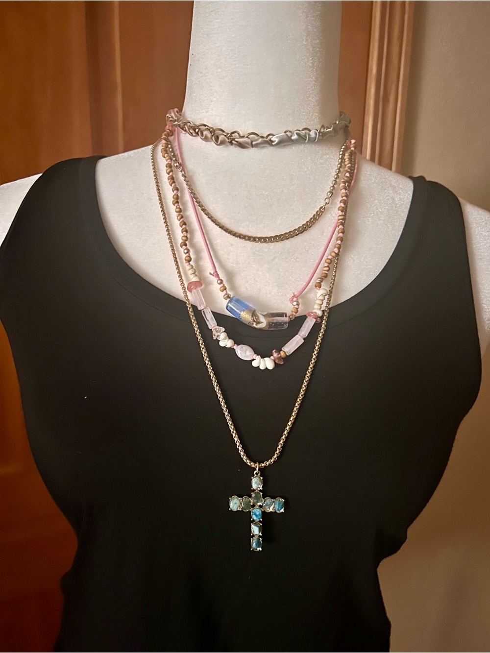 Free People Pink and Gold Layered Necklace Set with Blue Cross Pendant